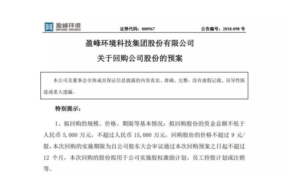 盈峰環境宣布回購部分公司社會公眾股份